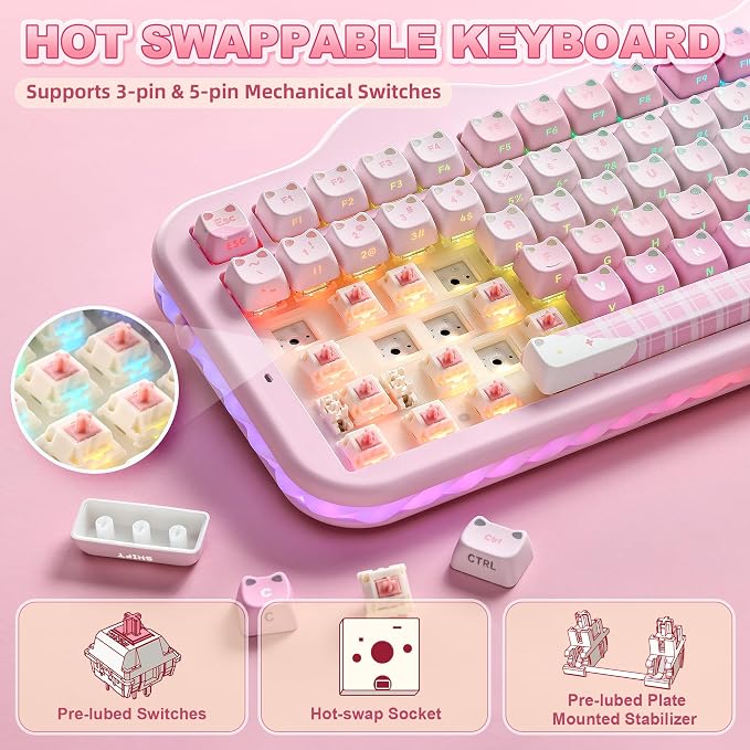 YUNZII C98 Cute Wireless Mechanical Keyboard(Pink Mao, Candy Switch) | Cake Keyboard,99 Keys with Number Pad, MAO Keycaps, BT5.0/2.4G/USB-C,Hot Swap, Gasket Mount, Custom RGB Backlight for Win/Mac - Image 4