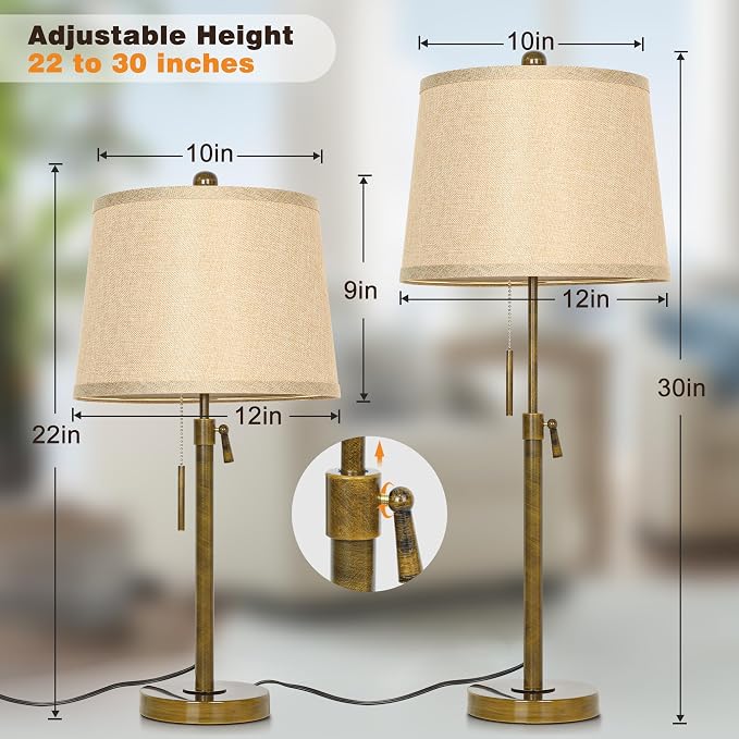 Antique Bronze Table Lamps Set of 2 Adjustable Height 22" to 30"Tall 3 Brightness Way Bedside Nightstand with Pull Chain Switch Pole Lights for Living Room Guest Bedroom End Table(Bulbs Included) - Image 2