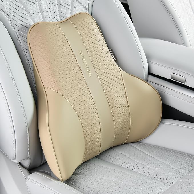 Coverado Lumbar Support Pillow for Car, Ergonomic Memory Foam Back Pillow for Office Chair, Back Cushion for Back Pain Relief, PU Leather Car Lumbar Support for Driving Seat - Beige by COVERADOAUTO