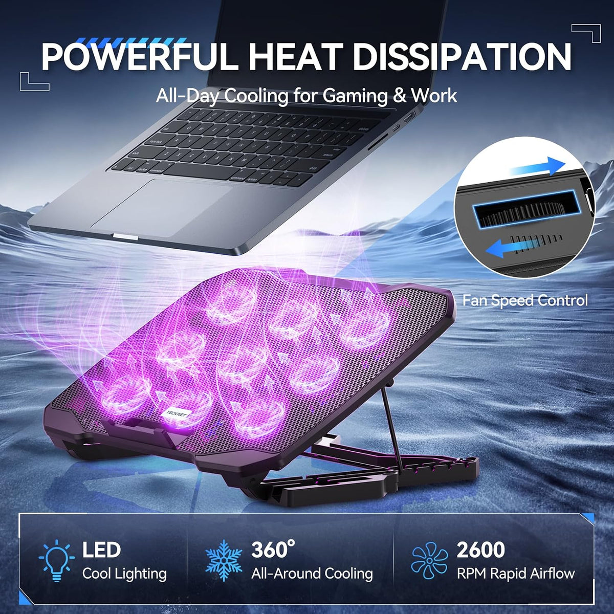 TECKNET Laptop Cooling Pad with Phone Stand, Laptop Cooler for 12-15.6 Inch - Image 2