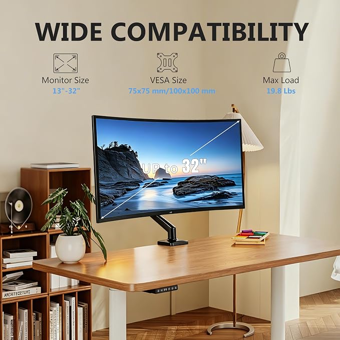 Single Monitor Arm, Fully Adjustable Monitor Mount Fits 13-32 Inch Flat/Curved Screens, Gas Spring Monitor Desk Mount with Clamp & Grommet Base, VESA 75x75/100x100mm, Holds Up to 19.8 lbs - Image 2