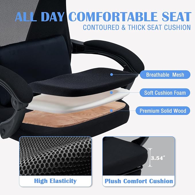 Ergonomic Office Chair with Footrest - Adjustable Lumbar Support & 3D Headrest, 90-160° Reclining Mesh High-Back Rolling Work Swivel Computer Chair-400lbs Capacity - Image 8