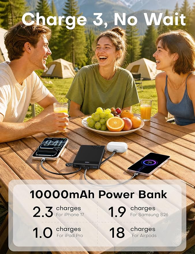 2Pack-10000mAh 22.5W Portable Charger Power Bank,Built-in Cables,WH‌&BLK‌ | 4 Outputs & 2 Inputs | 22.5W Fast charging | LED display | Slim Battery Pack for iPhone, Samsung Galaxy, Android - Image 5