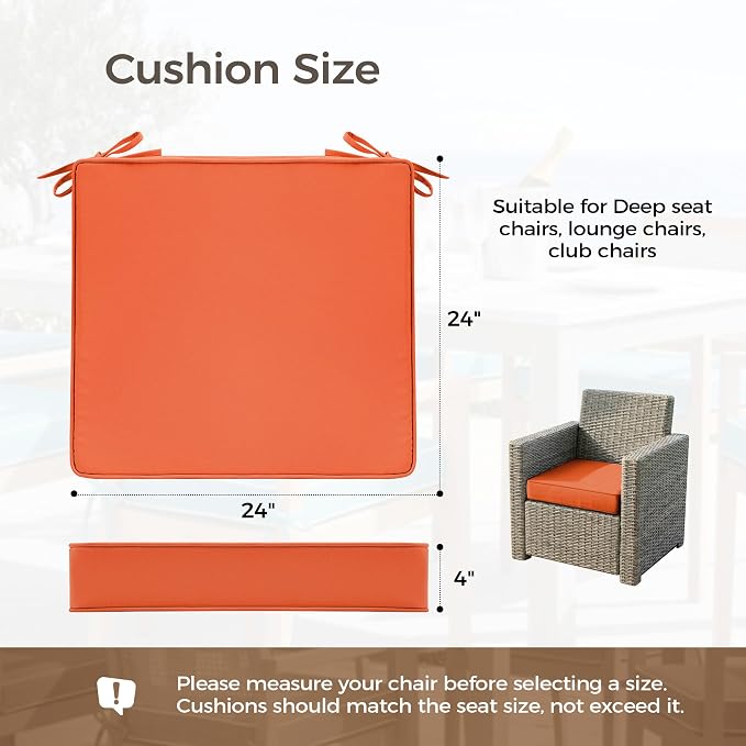 UNIKOME Outdoor Chair Cushions Set of 4, Water Resistant Patio Seat Cushions with Ties for Outdoor Furniture, High-Density Foam, UV & Fade Resistant, Piped Edge – 24" x 24" x 4", Orange - Image 2