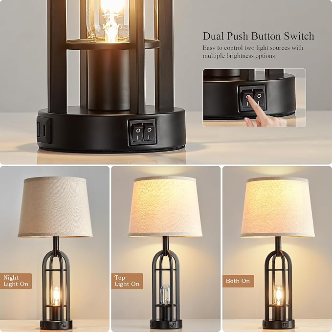 SRJJA Black Table Lamps for Living Room Set of 2 - Farmhouse Lamps for Night Stands with USB A+C, Bedside Lamps for Bedroom, 24'' Industrial Lamp for Living Room End Tables - Image 2