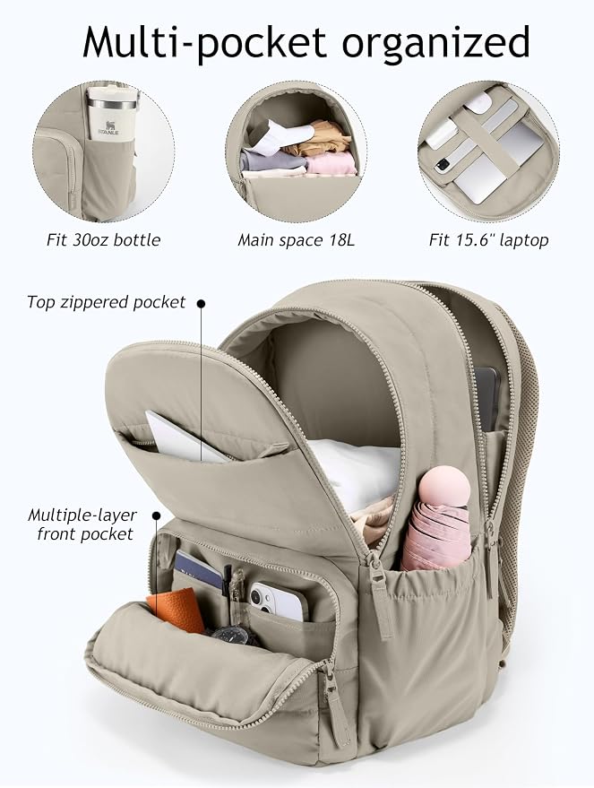 Uselike Travel Backpack for Women, 15.6 Inch Laptop Backpack, Quilted College Bookbag, Cute Work Backpacks, Water Resistant (Khaki Ash) - Image 3