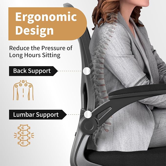 Youhauchair Adjustable Mesh Ergonomic Office Chair with Wheels, Black | Flip-up Arms, Lumbar Support, Home Desk Chair, Height Adjustable, Breathable, Mid Back Swivel Compurter Chair, Set of 1 - Image 3