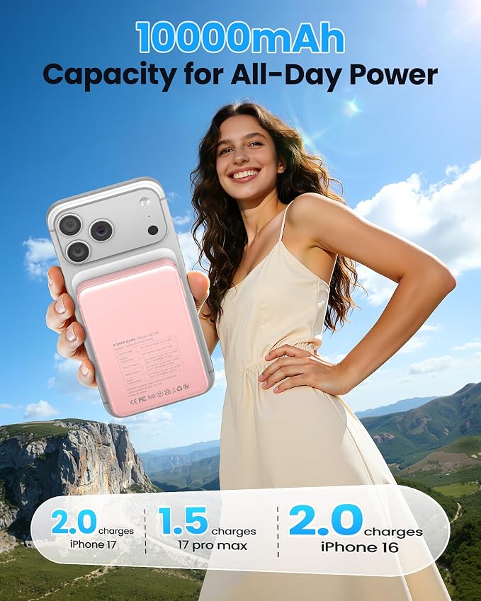 Magnetic Portable Charger, Power Bank Fast Charging 22.5W 10000mAh, Portable Charger with Built in Cable, for Magsafe Battery Pack Compatible with iPhone 17/16/15/14/13/12 Pro/Pro Max, Samsung Pink | Fast Charging 22.5W ExternalBattery Pack Compatible ... - Image 6
