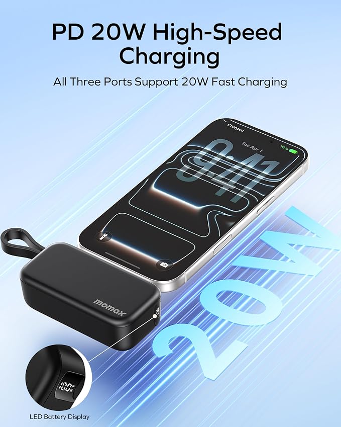 MOMAX Portable Charger 5000mAh Small Power Bank Wireless Portable Charger | PD 20W Fast Charging, 3 USB-C Port, LED Battery Display, Mini, Smart Temperature Control for iPhone 17 16 15 Pro Max, Black - Image 4
