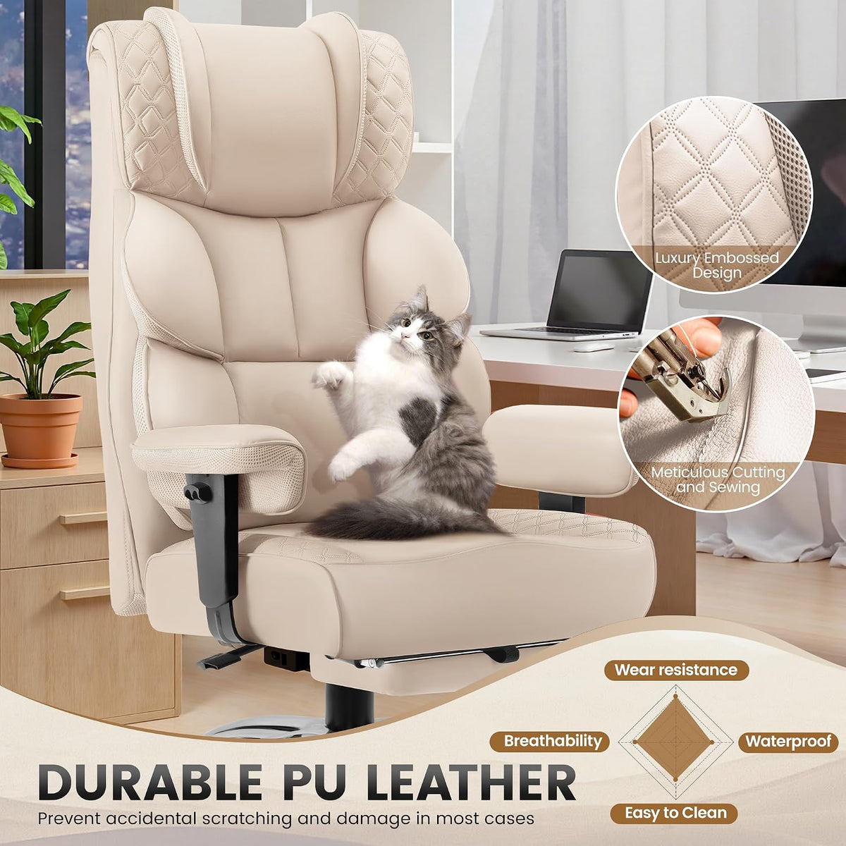 Office Desk Chair, Big and Tall Leather Gaming Chair with Footrest, Wide Ergonomic Comfy Executive High-Back Reclining Computer Chairs, Swivel Rolling Wheels and Padded Lumbar Support, Beige - Image 4