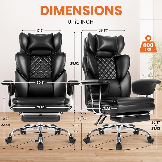 NEO CHAIR Big & Tall Leather Office Chair, High Back, Lumbar Support, Black | Gaming Chair for Adults and Computer Use, Reclining Office Chair with Foot Rest, Massage, Comfy Design and Heavy Duty Support - Image 3