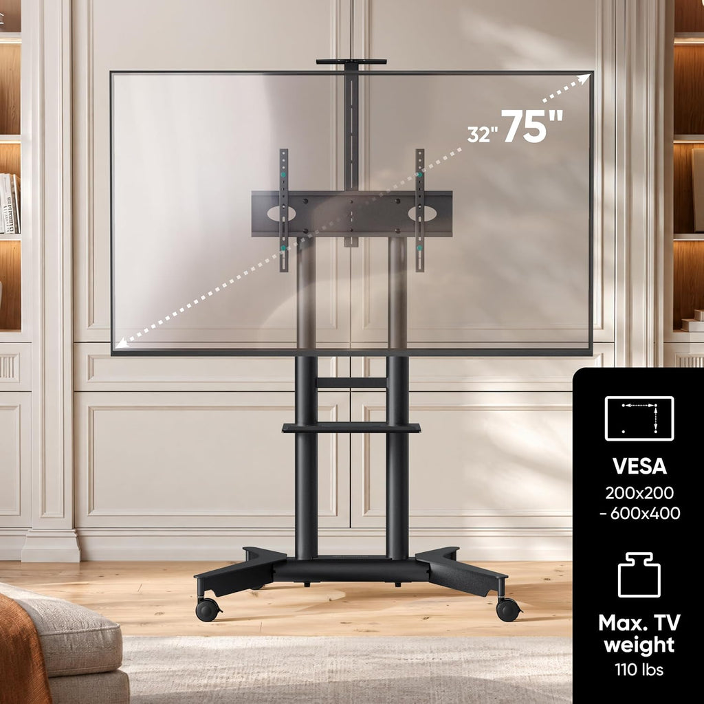 ONKRON Mobile TV Stand on Wheels 32-75 Inch, 110 lbs, VESA 600x400, Black - Image 2