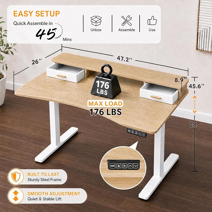 Grandder Electric Standing Desk with Two Drawers, Curved Sit to Stand Up Height Adjustable Desk with Storage Shelf for Home Office, 47 * 26 Inch, Study, Ergonomic Adjustable Computer Desk, Oak - Image 2