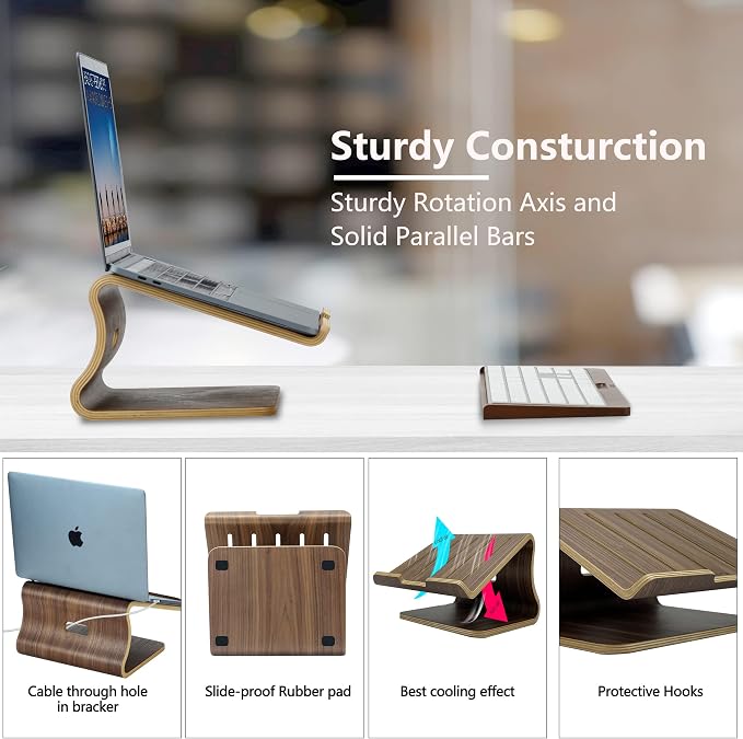 Wood Laptop Stand for Desk,Laptop Holder Stand,Wooden Cooling Computer Holder,Suitable for Most laptops Heat Dissipation Shelf (Walnut) - Image 2