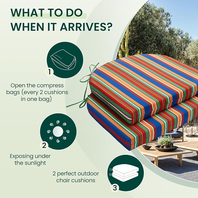 HARBOREST Outdoor Chair Cushions Set of 2, Water Resistant Patio Chair Cushions with Ties, Outdoor Seat Cushions for Patio Furniture, 17"x16"x2", Rainbow Stripes - Image 5