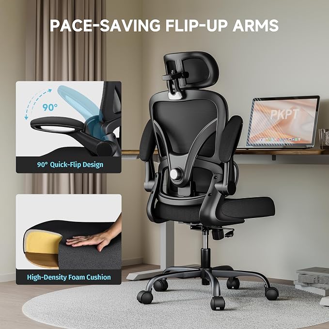 Ergonomic Office Chair, 330LBS Desk Chair with 3-Level Lumbar Support & Headrest, Breathable Mesh Backrest, Flip-Up Armrests for Home Office and Gaming, Black - Image 6
