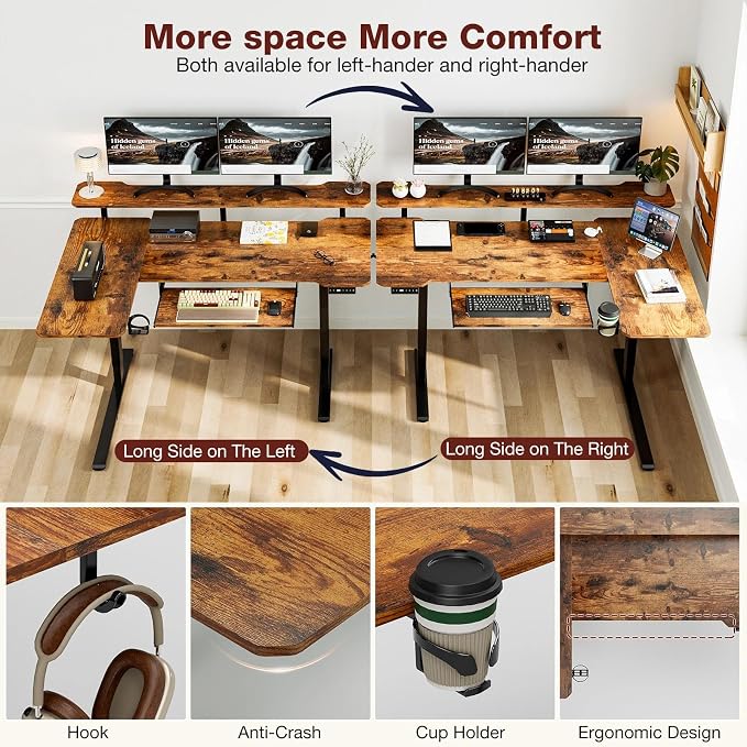 59 Inch L Shaped Standing Desk with Shelves and Keyboard, Electric Corner Standing Desk Adjustable Height, Sit Stand Computer Table with Reversiable Splice Board，Rustic Brown - Image 7