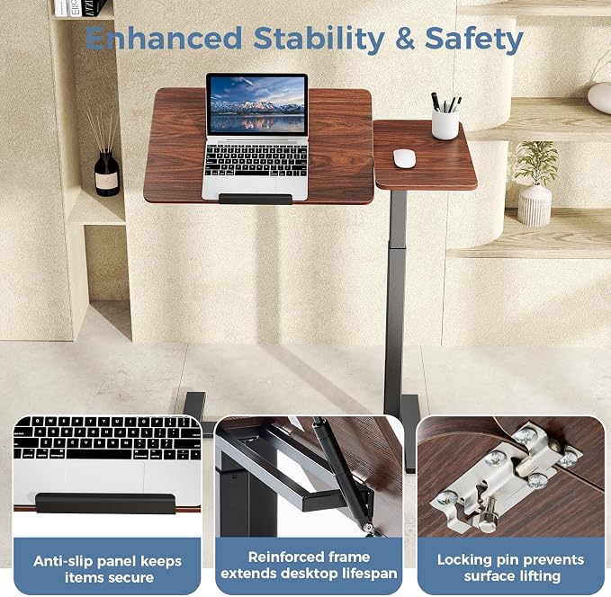 DUMOS Standing Desk with Wheels, Rolling Desk, Laptop Table | Adjustable Height, Portable Computer Workstation, Tilting Desktop, Home Office Classroom Bedside, Brown - Image 8