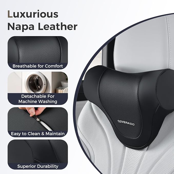 Coverado Car Headrest Pillow, Ergonomic Memory Foam Car Neck Pillow for Driving Seat with Adjustable Strap, Soft PU Leather Breathable Removable Cover Neck Support for Neck Pain Relief - Image 5