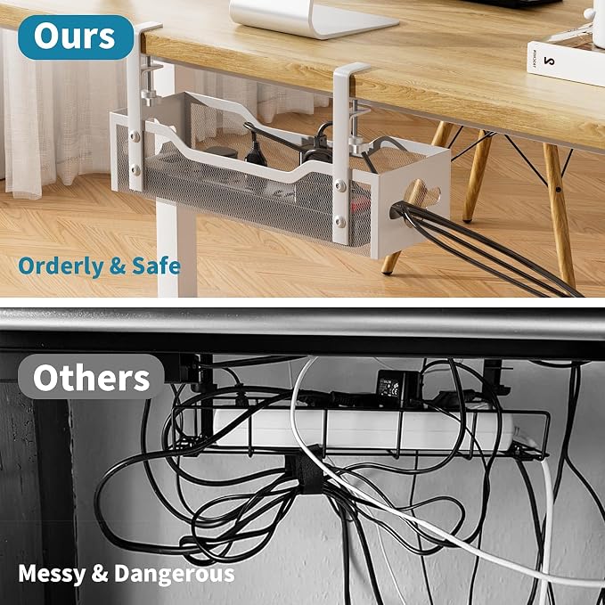 Under Desk Cable Management Tray 3 Pack, Cable Management Under Desk No Drill, Cable Organizer with Clamp for Wire Management, Cord Organizer for Office, Home - No Damage to Table (White) - Image 4