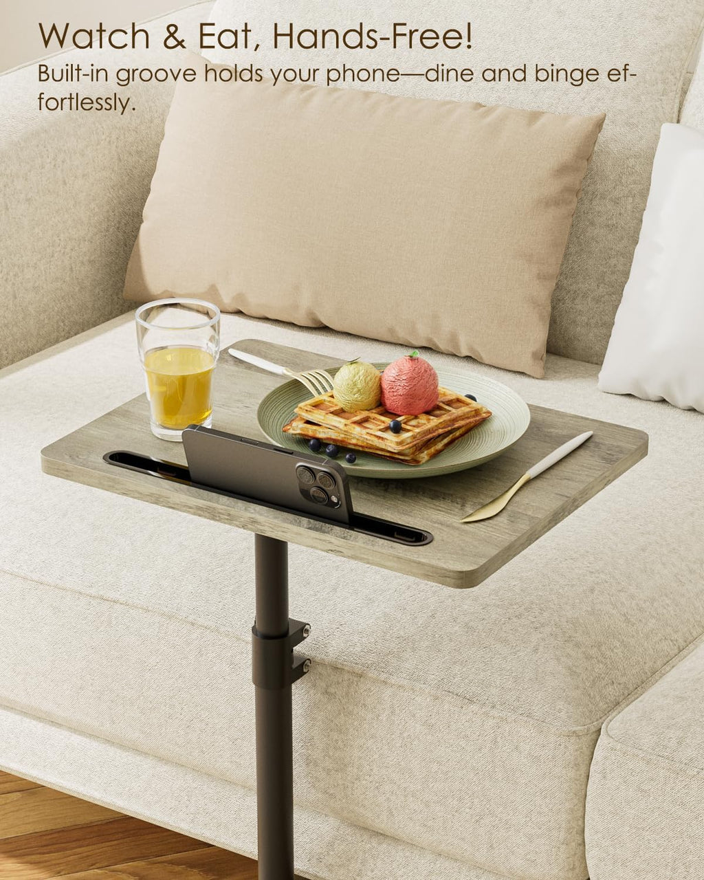 Sofa Arm Tray Table - 360° Swivel Height Adjustable End Table, Small Snack Side Table for Couch, C Shaped Table for Bed, Chair or TV Tray Table(Greige) - Image 5