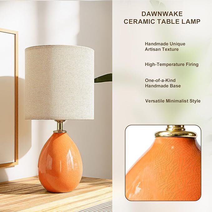 18.5" Ceramic Table Lamps Set of 2 for Living Room Bedroom, Orange | Bedside Lamps for Bedroom Nightstand, Ice Crackle Home Bedroom Living Room Decor, Linen Fabric Shade, 3-Color Temperature - Image 2