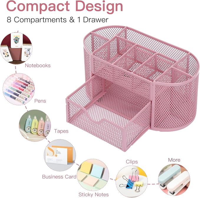 EOOUT Pink Desk Organizer Mesh Pencil Holder 8 Compartments 1 Drawer | Pink Desk Accessories, 8 Compartments, Pull-Out Drawer, for Pens Pencils Scissors Notes, School and Office Supplies - Image 3