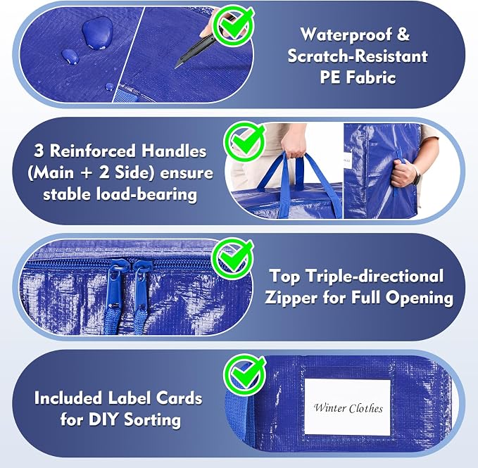 KYODOLED 6 Pack Extra Heavy Duty Blue Moving Bags - Large Move In & Packing Bags for College Students, Sturdy Storage Totes with Strong Zipper & Comfortable Handles for Clothes Storage - Image 3