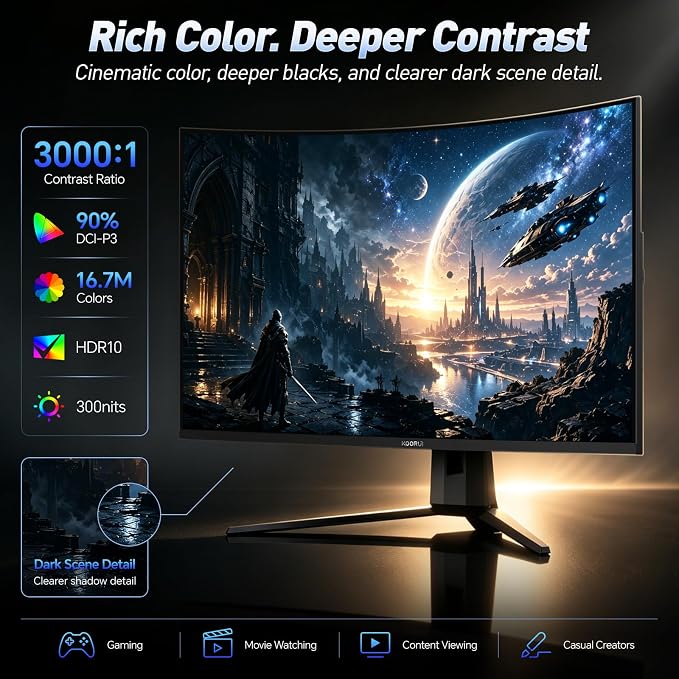 KOORUI 32 inch Curved Gaming Monitor, QHD 170Hz, 1ms 1500R Display | 2560×1440p Monitor, Adaptive Sync, 90% DCI-P3, HDMI×2 and DP, VESA, FPS & Console Gaming, Immersive Gaming - Image 6