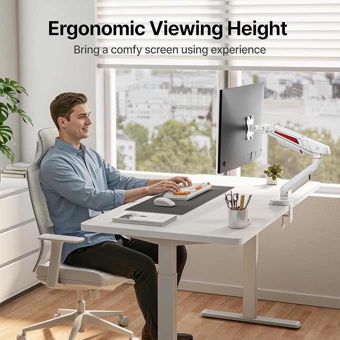 ARES WING 17-40 Inch Heavy Duty Single Monitor Arm with USB, White | Fully Adjustable Monitor Mount for Flat Curved Ultrawide Screens Up to 26.5lbs, C-Clamp & Grommet Base, 75/100 Vesa Mount - Image 9