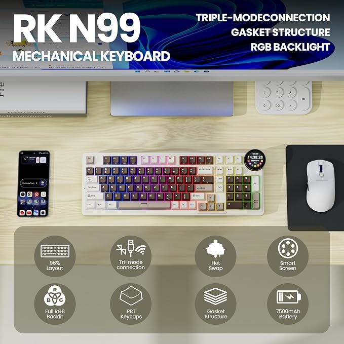 RK ROYAL KLUDGE N99 Wireless Mechanical Keyboard with Screen & Knob, BT/2.4G/USB-C, 96% Hot Swappable Custom Keyboard, Pre-lubed Linear Switches, 7500mAh Battery, 98 Keys - Image 2