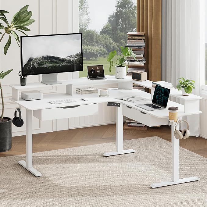 MALOL 59" L Shaped Electric Standing Desk with Drawers, Height Adjustable Desk with Power Outlets & LED Lights, Monitor Stand, Corner Computer Desk for Home Office, White by MALOL
