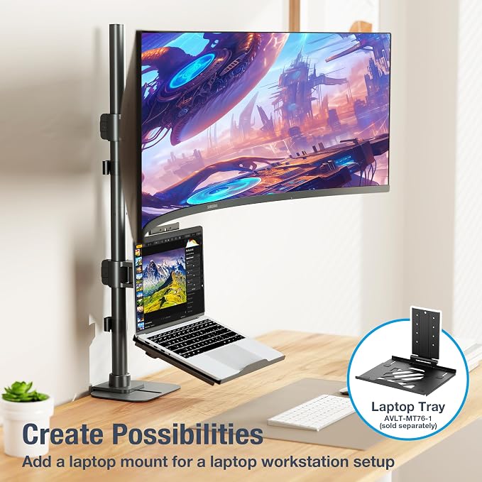 AVLT Dual 49 Inch Stacking Monitor Heavy-Duty Pole Mount - Black | Stack 44 lbs Super Ultrawide Screens Pole Height Tilt Swivel Rotate Adjustment C-clamp Grommet Mounting Base VESA Compatible - Image 8