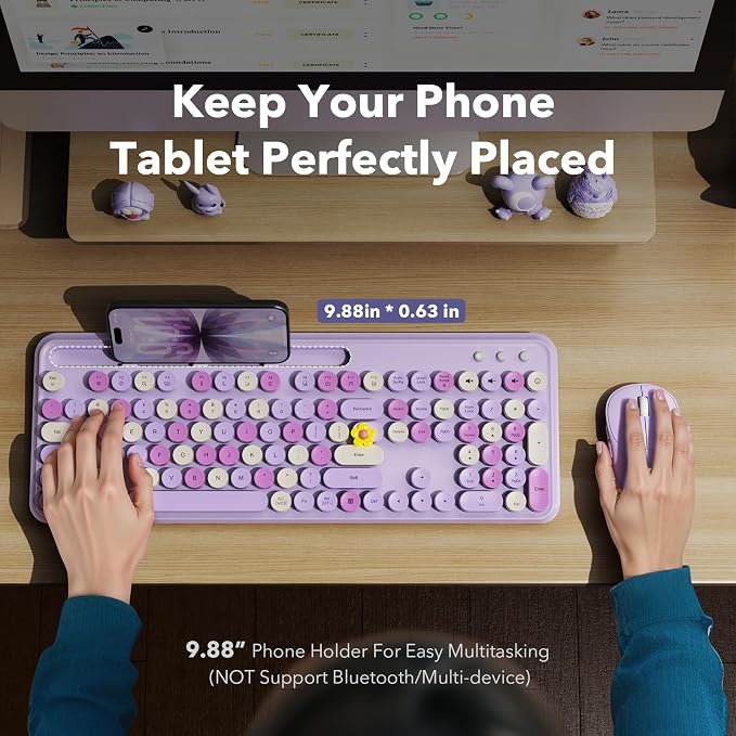 Wireless Keyboard and Mouse Combo, Purple, Round Keycaps, Tablet Holder | Full-size keyboard, typewriter-style design, 3-level DPI mouse, auto sleep, 2.4GHz for Mac Windows PC laptop, Trueque CK13 - Image 2