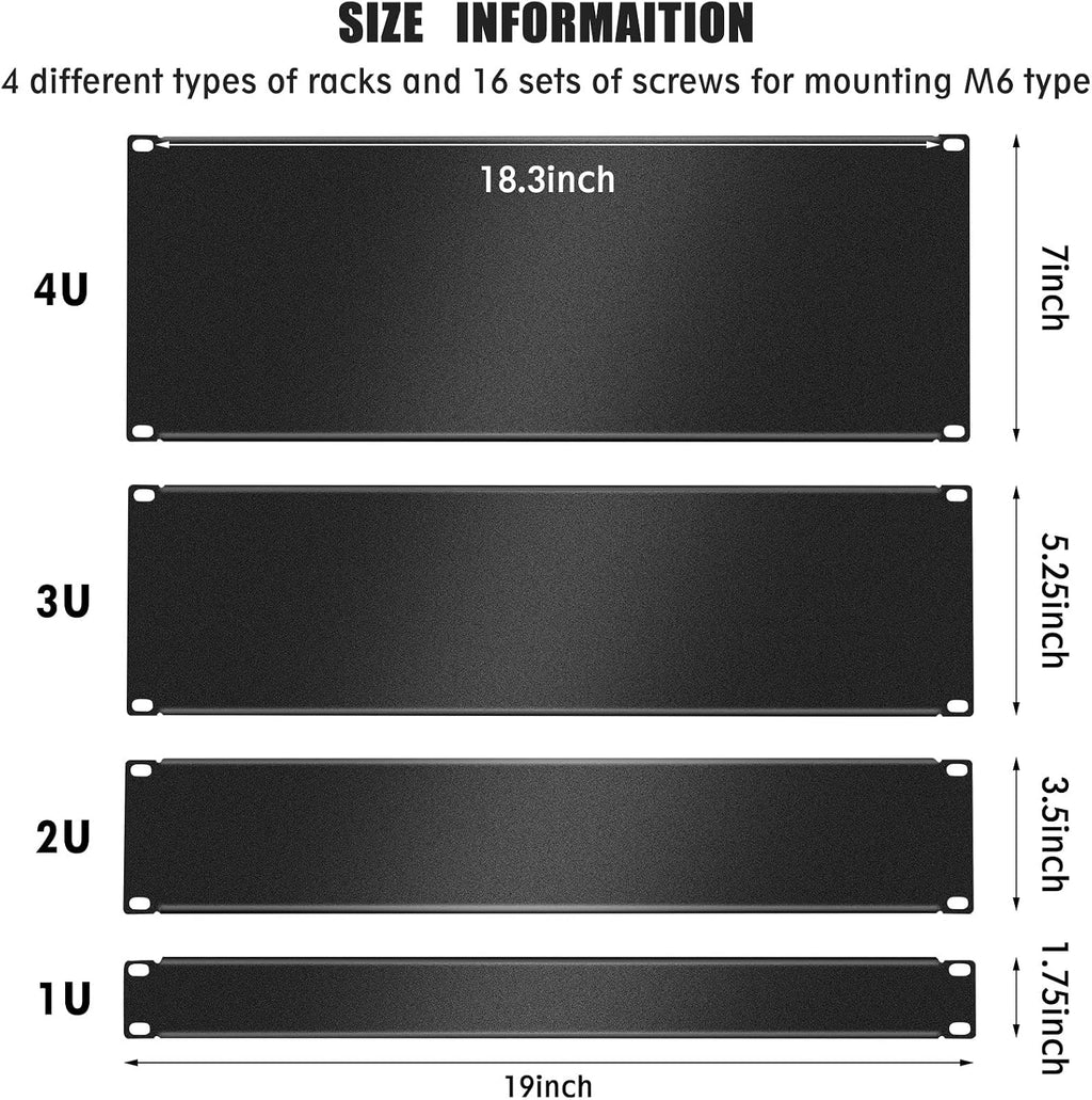4 Pack 1U/2U/3U/4U Blank Panel 1U Blanking Panel Metal Disassembled Blank Panel Rack Mount Filler Panel for Server Rack Enclosure or Network Cabinet, Black, 4 Size - Image 2