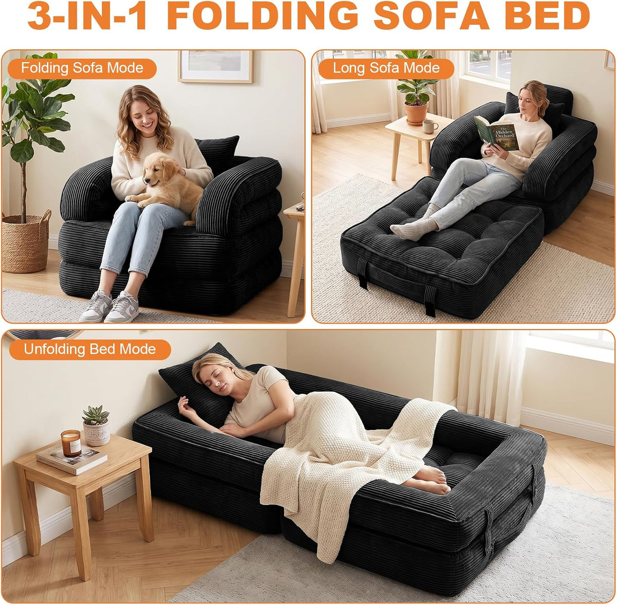 Folding Sofa Bed, Convertible Sleeper Chair, Corduroy Boneless Couch - Image 5