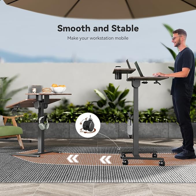 28" Mobile Standing Desk, Tiltable Top with 2-Tier Shelves, Walnut | Pneumatic Rolling Desk, Adjustable Height Computer Workstation, Sit Stand Portable Drafting Table & Laptop Cart on Wheels - Image 8
