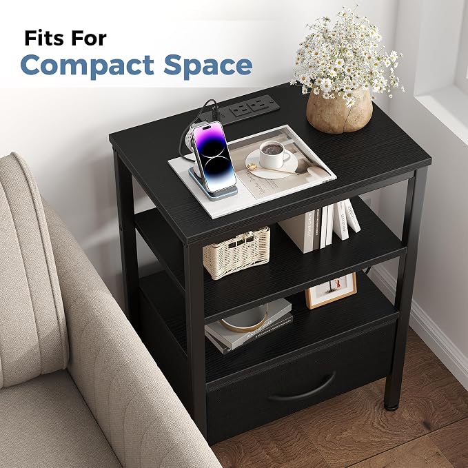 OLIXIS Nightstand with Charging Station, Beside Table with Fabric Drawer | 3-Tier End Table with 2 Storage Shelves,Night Stand with USB Ports and Outlets for Bedroom, Black - Image 8
