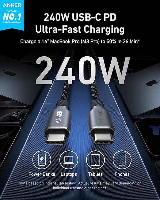 Anker Prime USB C to USB C Cable, 240W Fast Charging Cord, Upcycled-Braided Nylon with 100-Year Bend Durability for iPhone 17 Series, MacBook, Galaxy S24(6 FT) (Pack of 2) - Image 2