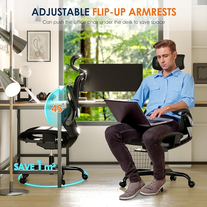 Ergonomic Mesh Office Chair, Adjustable Home Desk Chair with Folding Armrest, 2D Headrest, Soft Seat and PU Wheel, Black Swivel Task Chair for Office, Business, Student (GY1108) - Image 4
