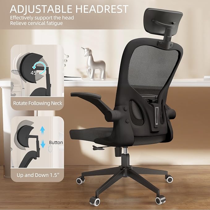 Monhey Office Chair Ergonomic Desk Chair with Lumbar Support&Headrest&Flip-up Arms Height Adjustable Rocking Swivel High Computer Chair Multi-Angle from 90° to 125° with 350LBS Capacity (03All Black) - Image 6