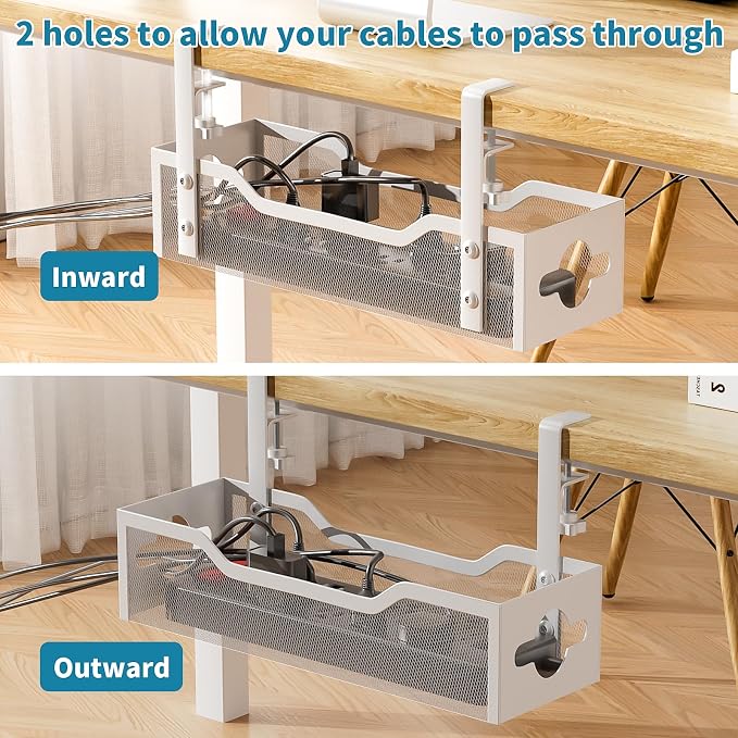 Under Desk Cable Management Tray White, Litwaro Cable Management Under Desk No Drill, Cable Organizer with Clamp for Wire Management, Cord Organizer for Office, Home No Damage to Desk - Image 4