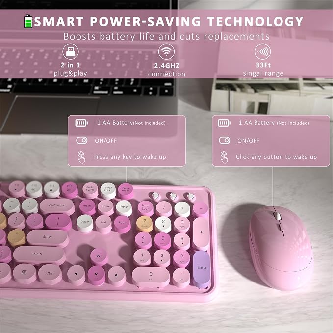 Links9+ Colorful Wireless Keyboard and Mouse Combo (Pink Colorful) | Full-Size Retro Typewriter Style Keyboard with Vintage Round Keycaps, 2.4G Wireless Set for Windows, Mac, Laptop, PC, Tablet - Image 5