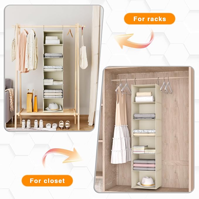 Hanging Closet Organizer 6-Shelf, Oxford Fabric Wardrobe Storage, Beige | Easy-mount foldable design holds clothes, handbags, shoes & accessories; washable Oxford fabric, sturdy and space-saving. - Image 5