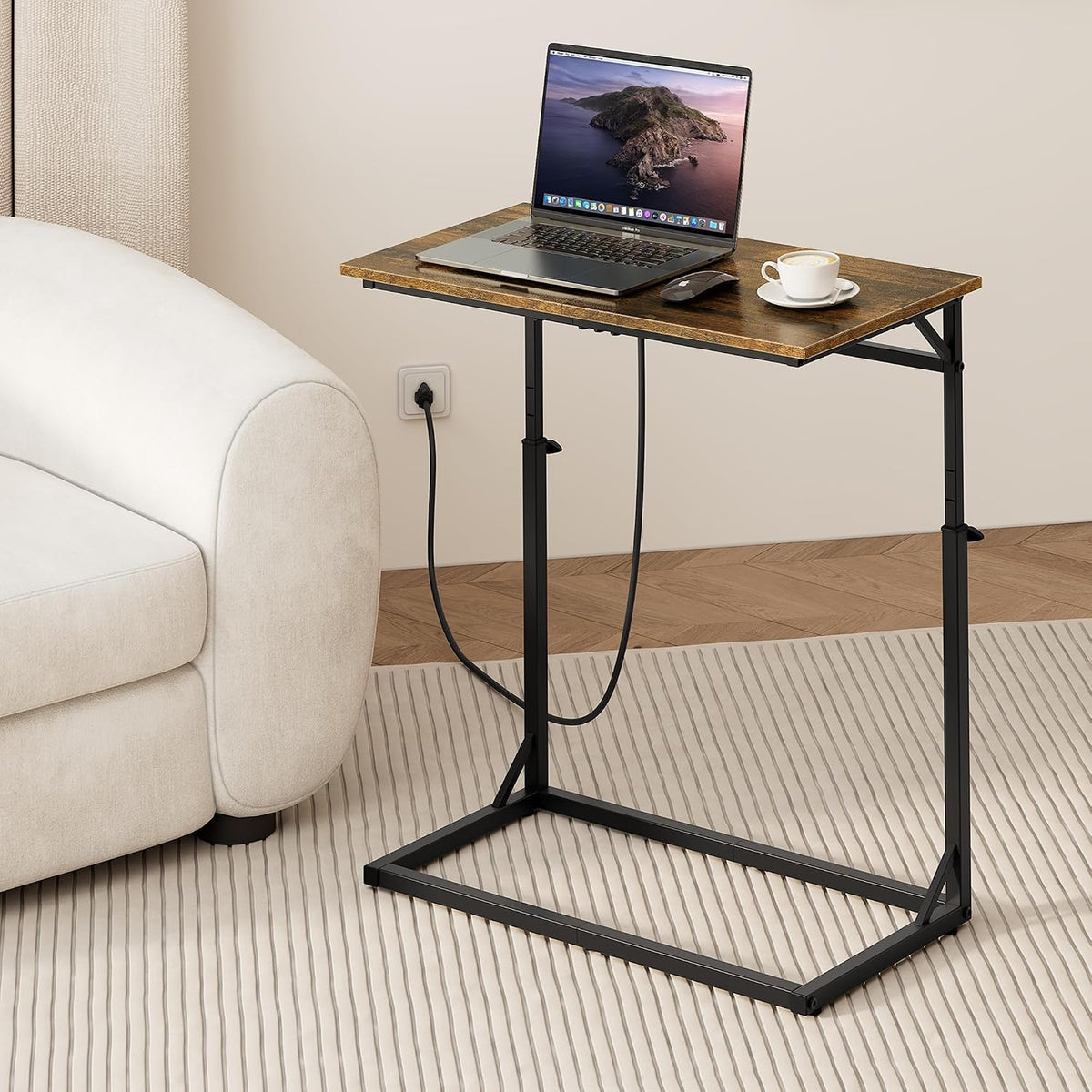 C Shaped End Table with Charging Station, Large C-Table End Table Adjustable Height Side Table for Couch, Couch Table Slide Under Sofa Table TV Tray Table for Sofa, Living Room, Bedroom,Brown - Image 2