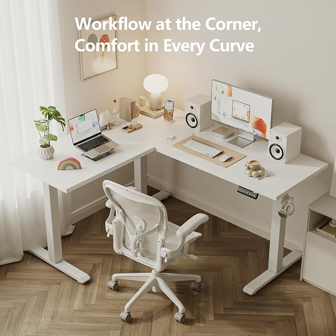 Agilestic L Shaped Electric Standing Desk Adjustable Height, 59 Inch, White | Electric Height Adjustable, Spacious Corner Desktop, Sturdy Steel Frame, Memory Presets, 176 lbs, Splice Board - Image 4