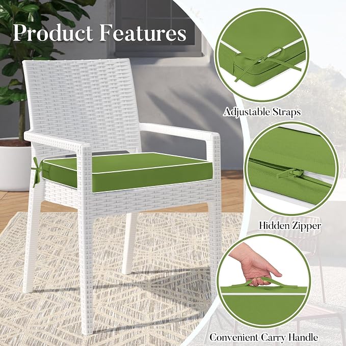 Basic Beyond Outdoor Chair Cushions for Patio Furniture, Waterproof Outdoor Seat Cushions Set of 4 19 x 19, Patio Chair Cushions Set of 4 with Ties and Handle, Grass Green/White - Image 5