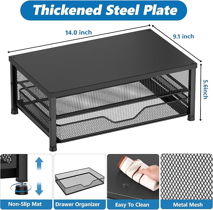 Computer Monitor Stand Riser, Desk Organizer with Drawer, Printer & Laptop Stand, Office Desk Accessories & Workspace Desktop Organizers Storage for Office Supplies(Black 2-Pack) - Image 8