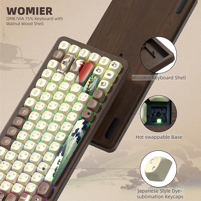 Womier 75% Wireless Creamy Keyboard with Wood Shell, QMK/VIA WD75 V2 | Retro Mechanical Gaming Keyboard 8000mAh Battery,Tri-Mode Custom Keyboard RGB Hot Swappable,MOA Japanese Keycap-Linear Switch - Image 2