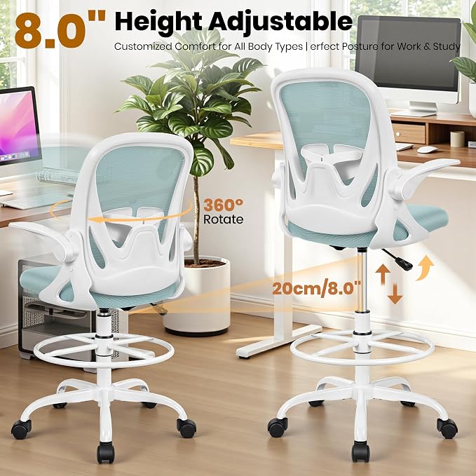 Drafting Chair Tall Office Chair with Flip-up Armrests Executive Ergonomic Computer Standing Desk Chair with Lumbar Support and Adjustable Footrest Ring（Light Blue） - Image 7